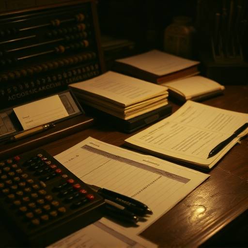 Historic photo depicting early days of accounting with ledgers and calculators.