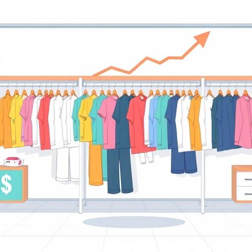 Illustration of clothing racks with organized inventory and a rising profit chart